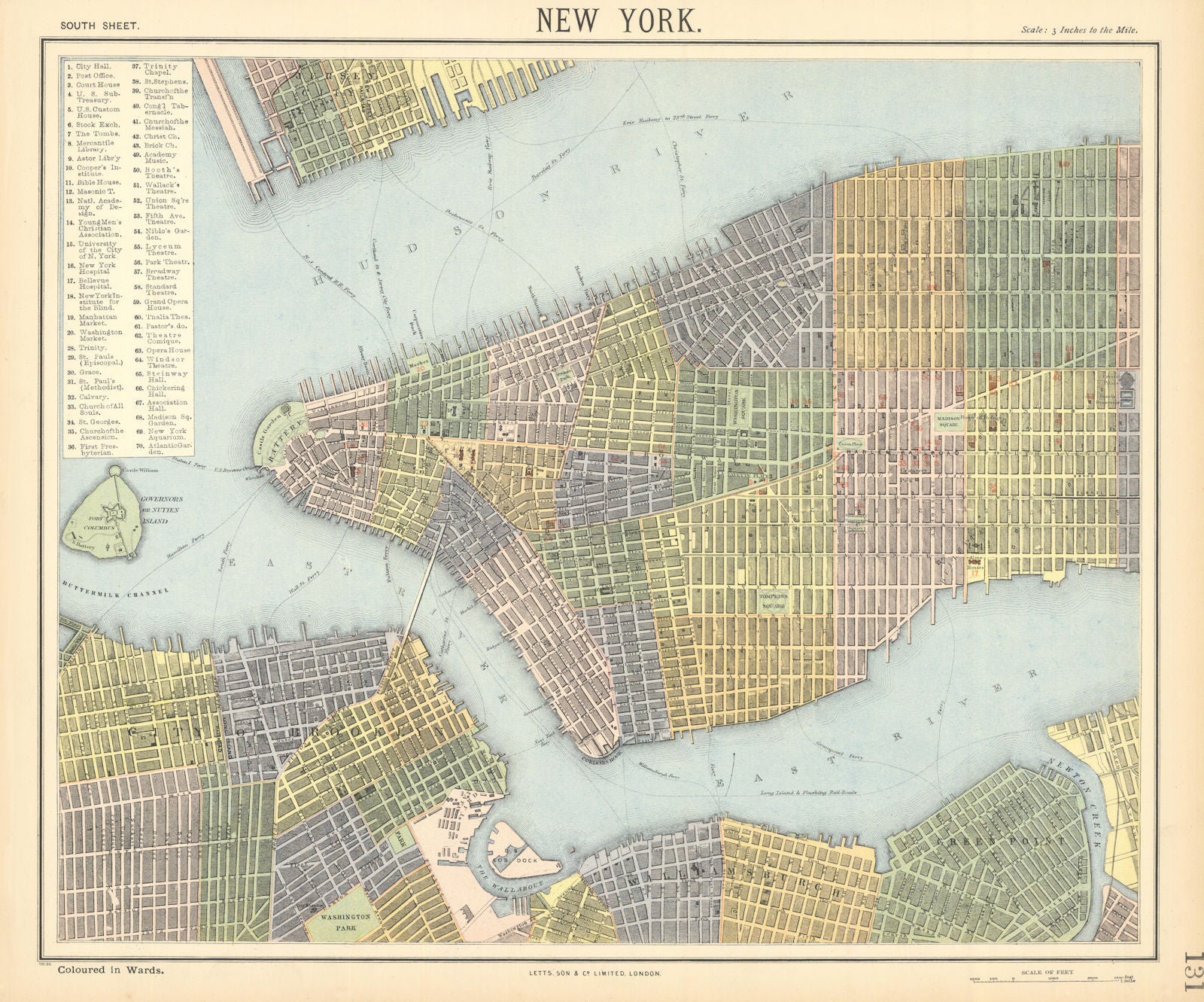 NEW YORK CITY town map plan. Lower/midtown Manhattan Brooklyn. LETTS 1892